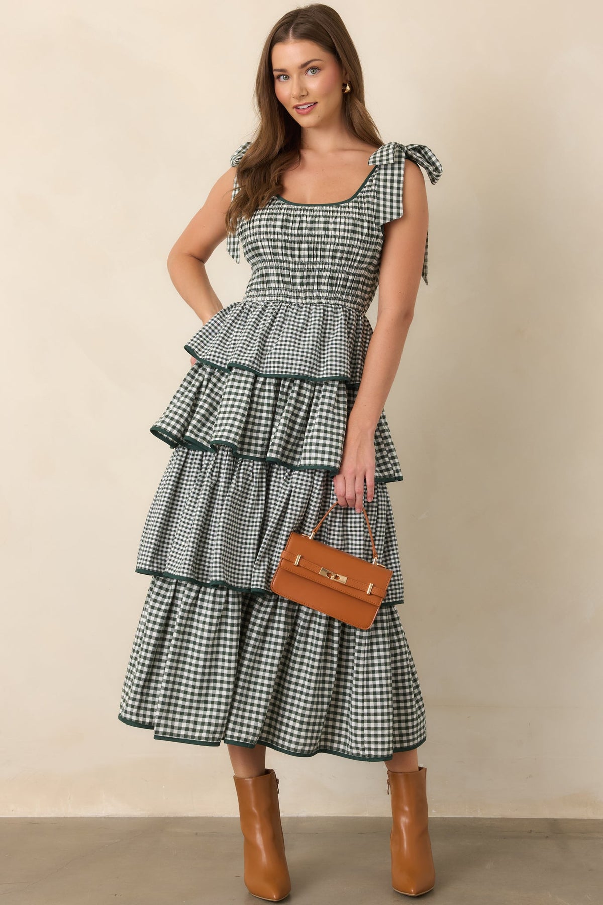 Garden Party Plans Hunter Green Gingham Tiered Midi Dress