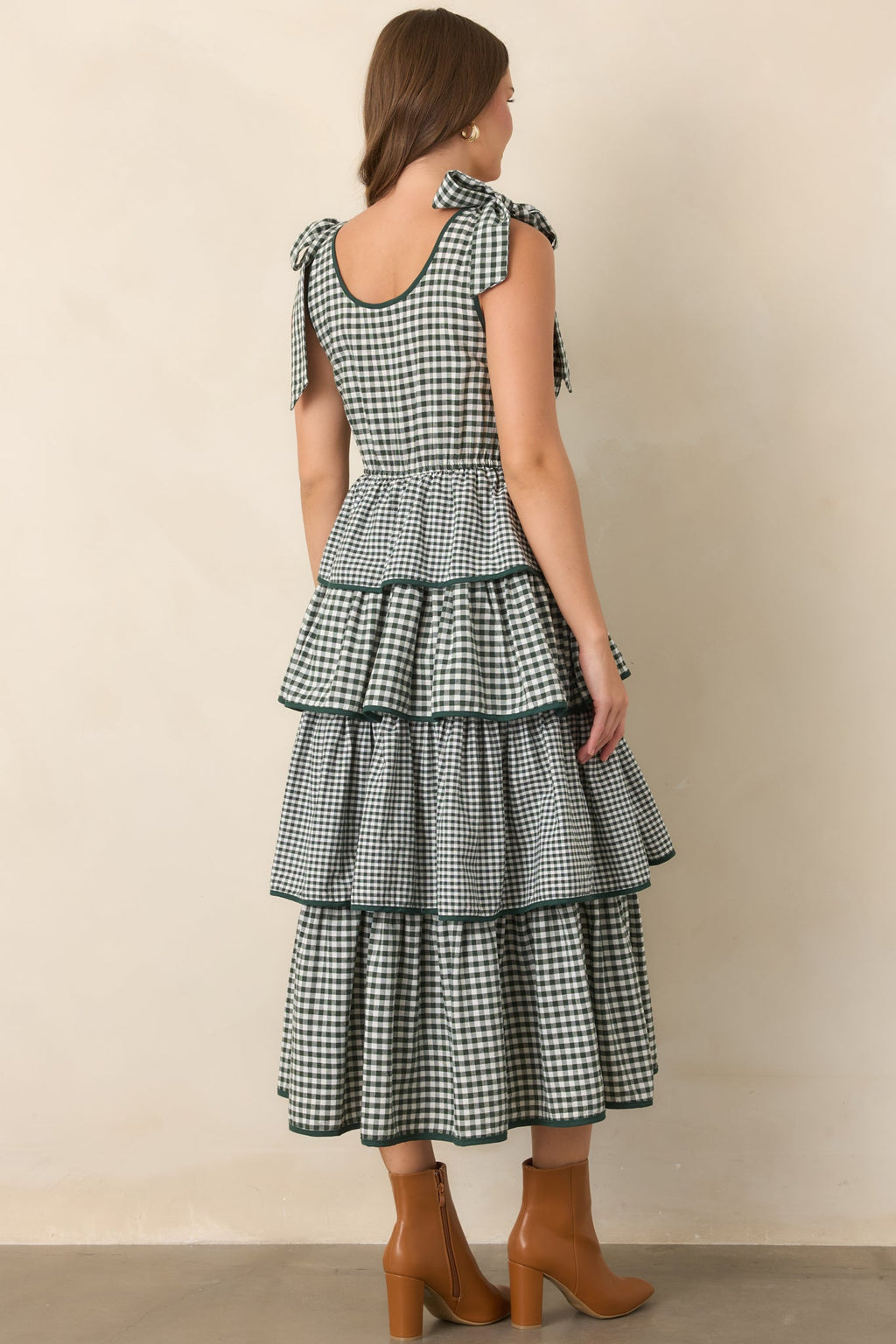 Garden Party Plans Hunter Green Gingham Tiered Midi Dress