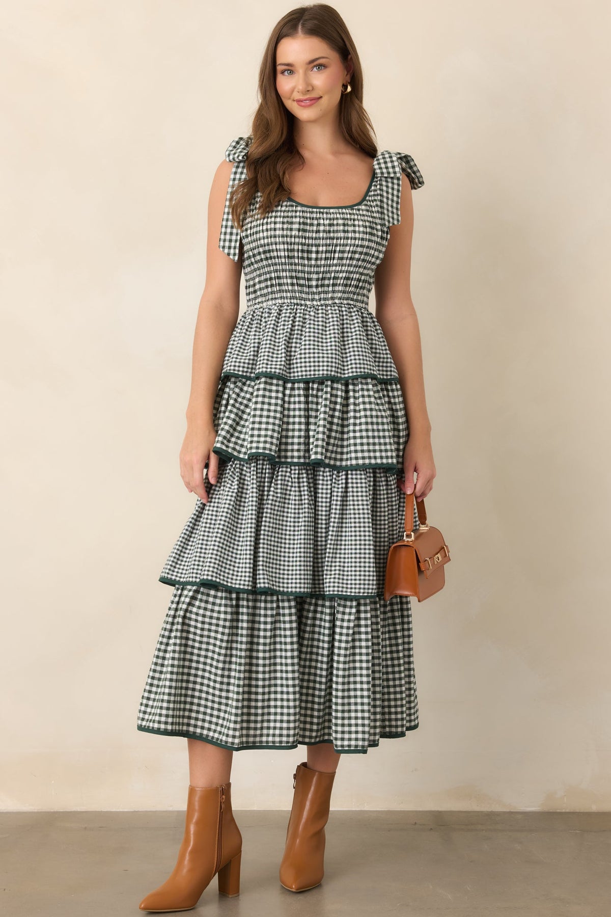 Garden Party Plans Hunter Green Gingham Tiered Midi Dress