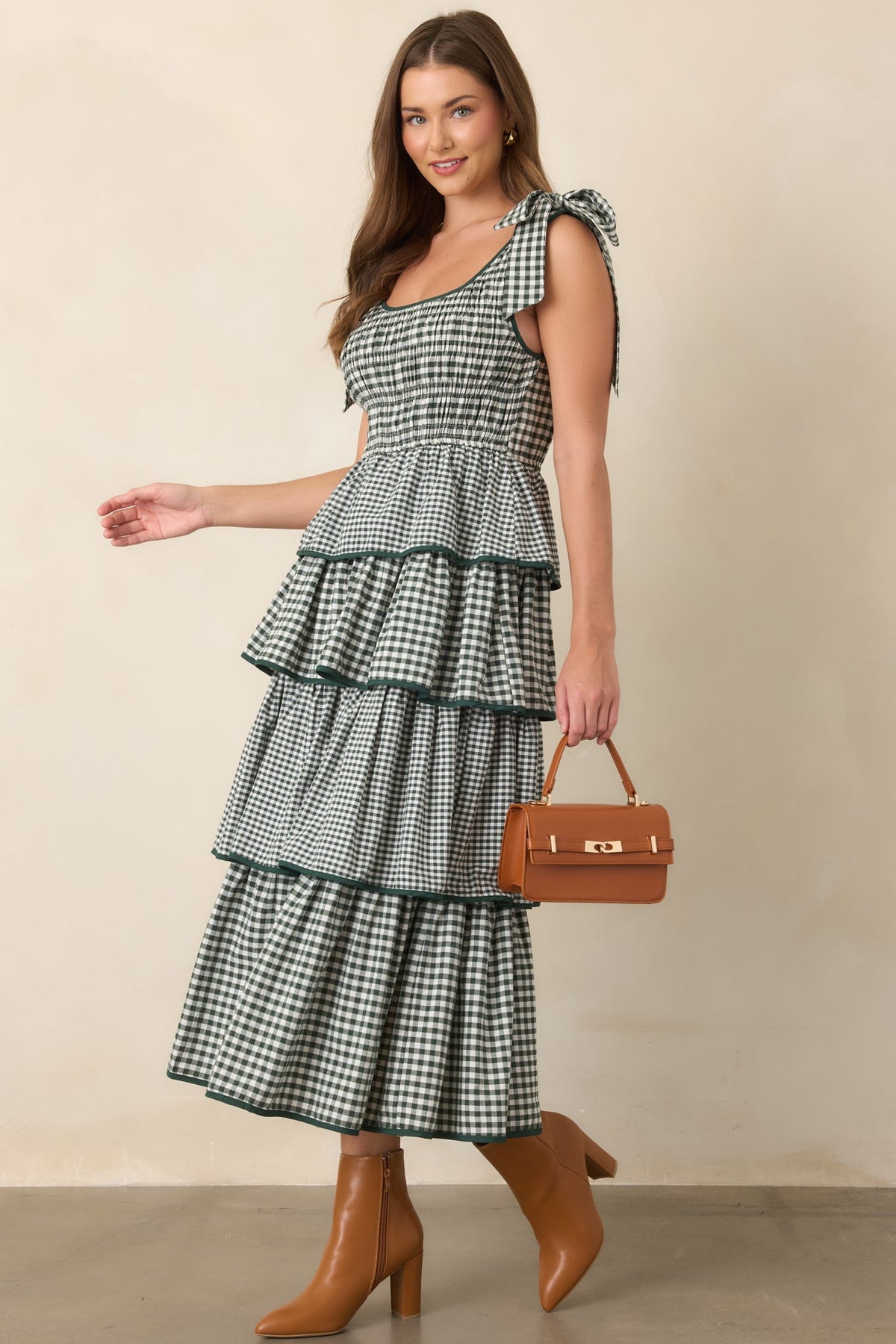 Garden Party Plans Hunter Green Gingham Tiered Midi Dress