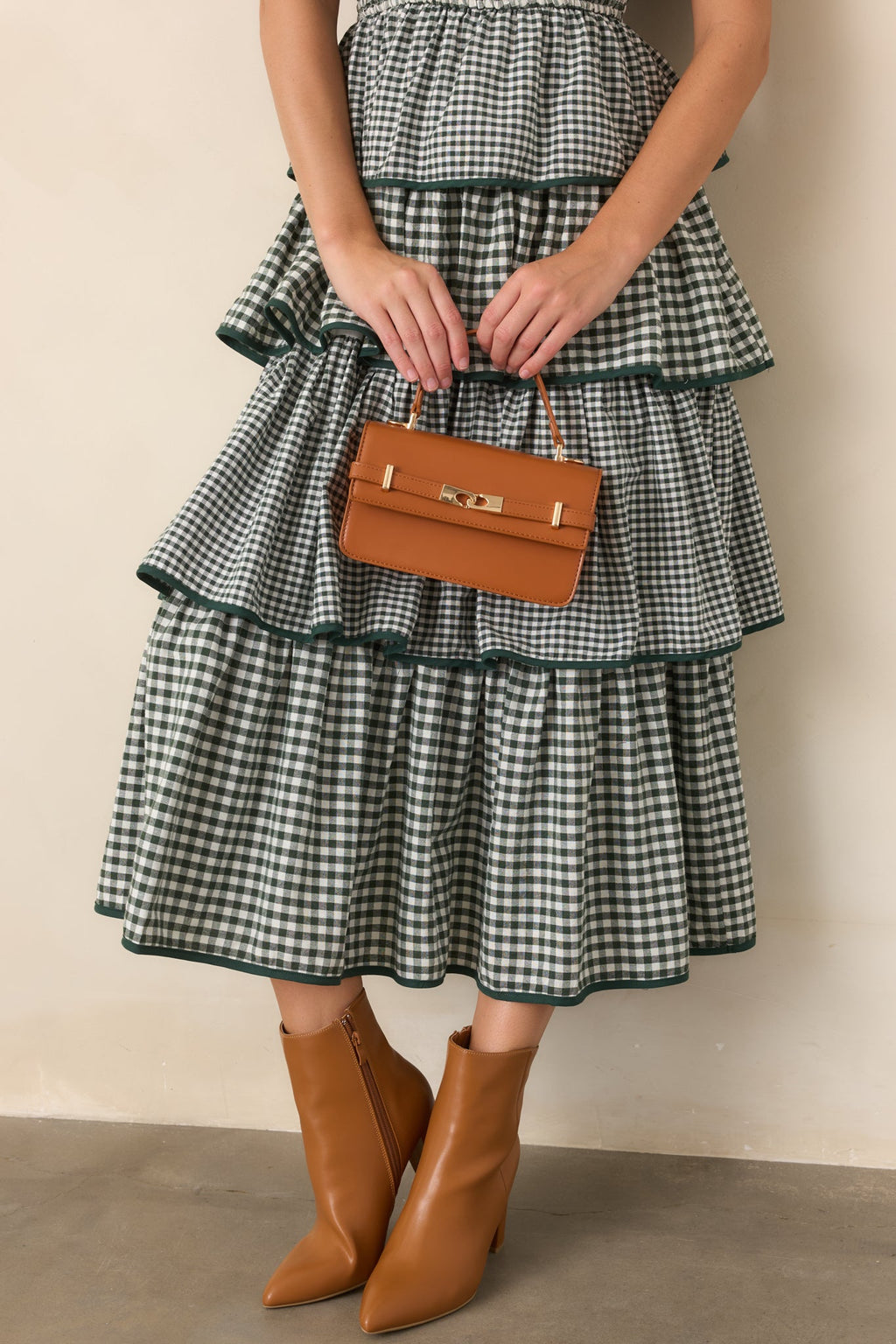 Garden Party Plans Hunter Green Gingham Tiered Midi Dress