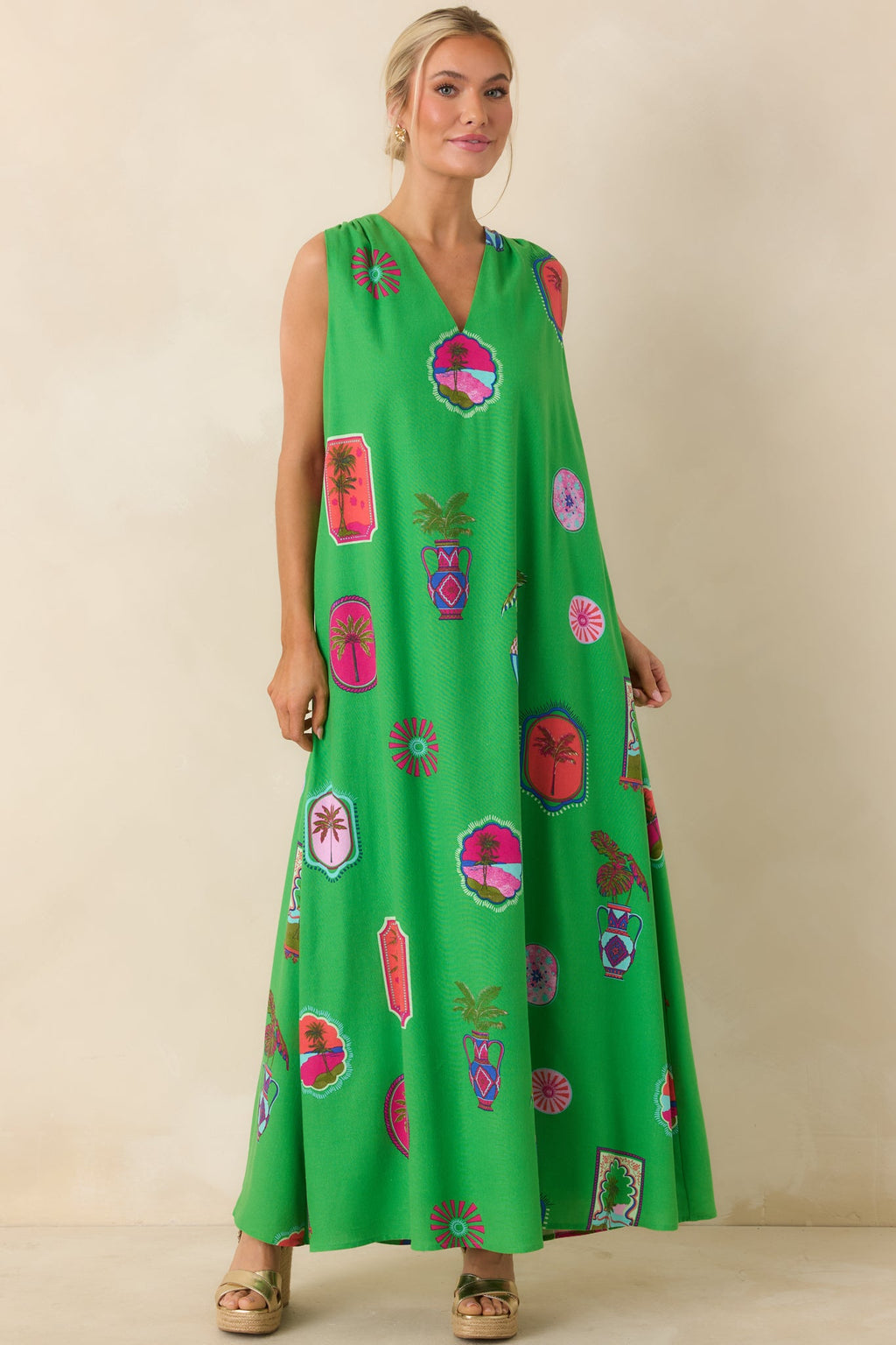 Send Me A Postcard Green Multi Tropical Print Maxi Dress