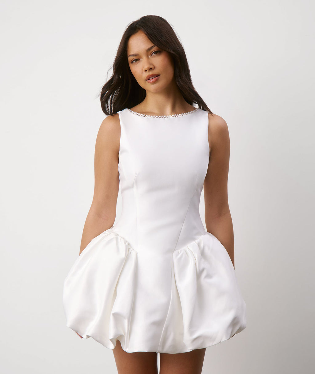 Pearl Trim Bubble Hem Mini Dress - White