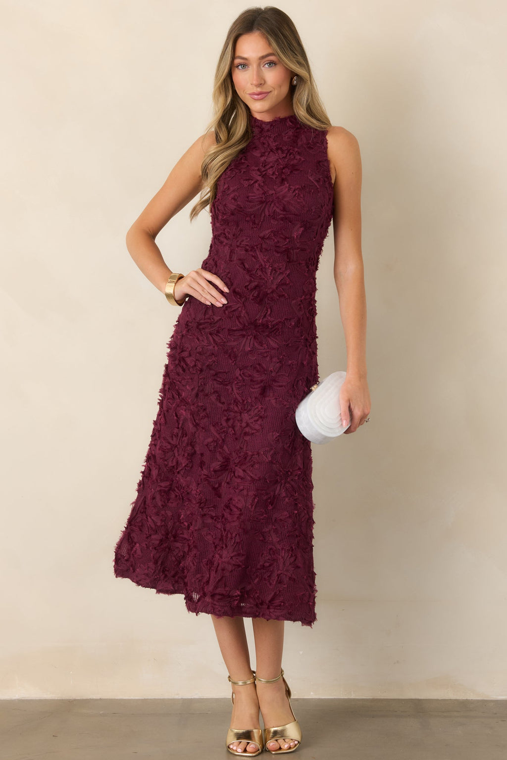 A Night to Remember Wine Red Knit Floral Appliqué Midi Dress