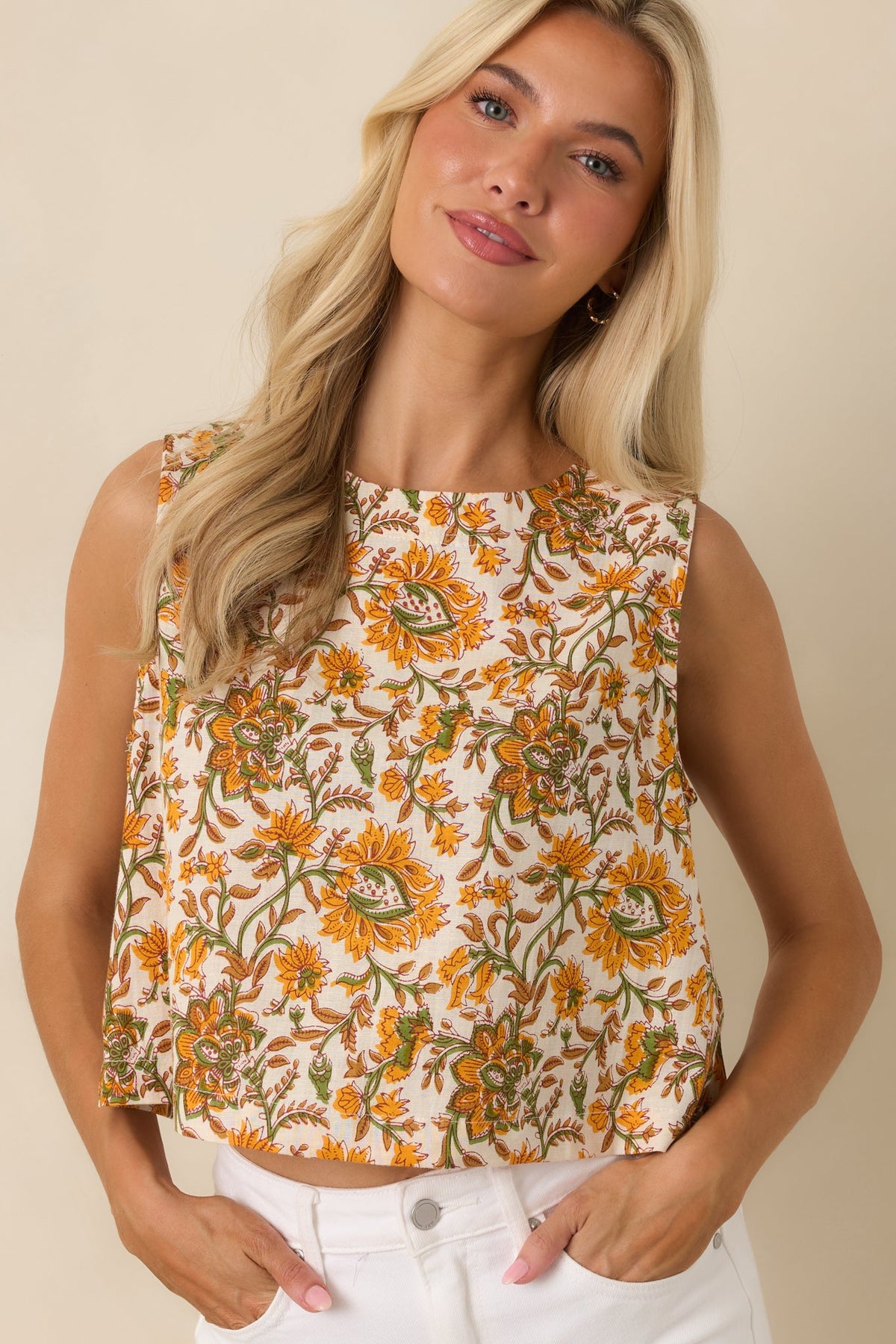 Easy to Love Marigold & Olive Green Floral Cotton Button-Back Top
