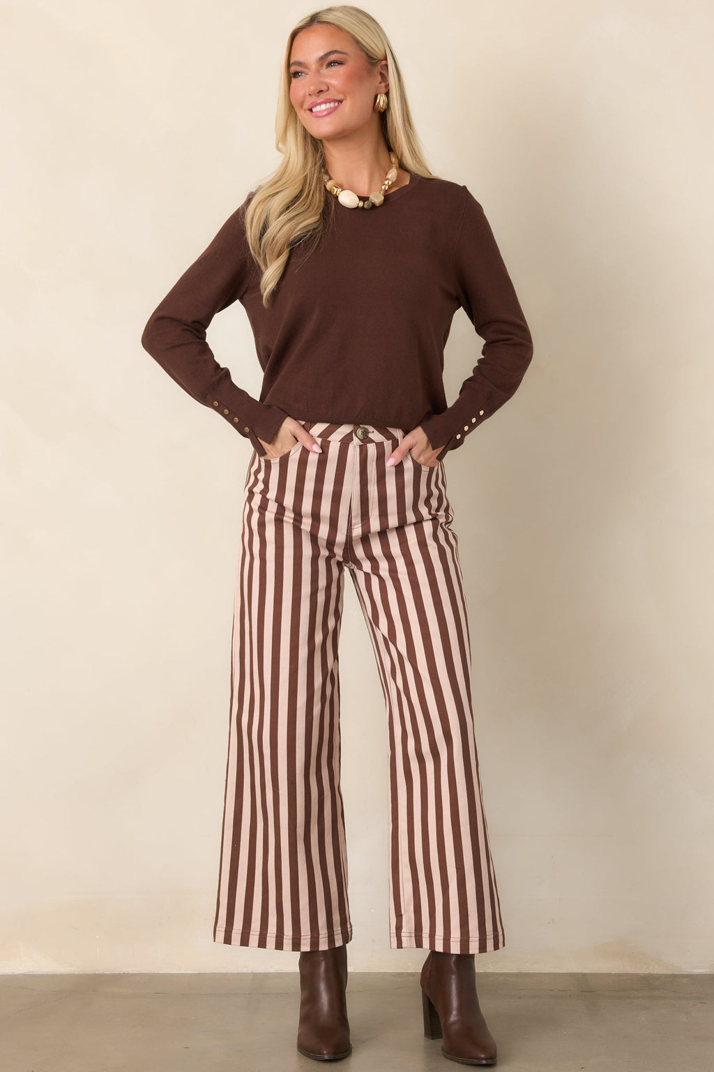 All Lined Up Brown Stripe Cotton Cropped Wide Leg Pants