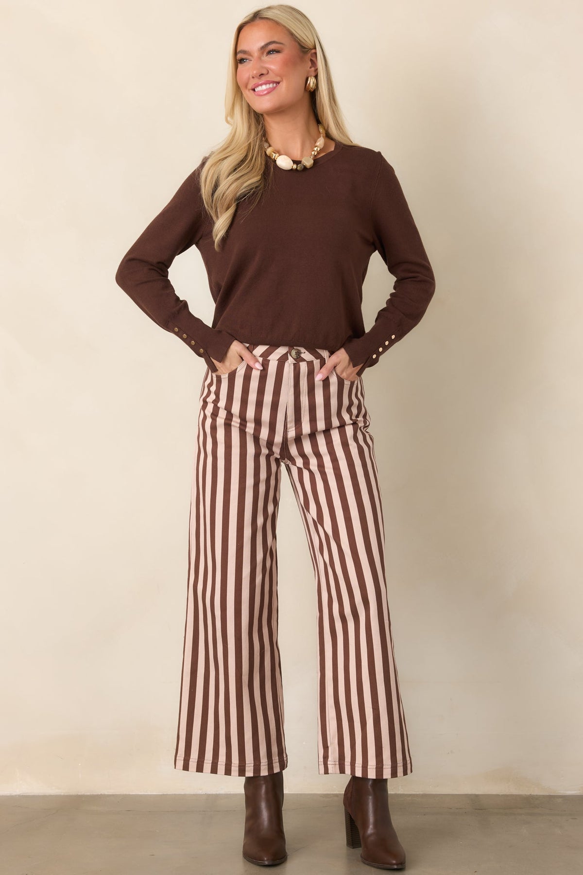 All Lined Up Brown Stripe Cotton Cropped Wide Leg Pants