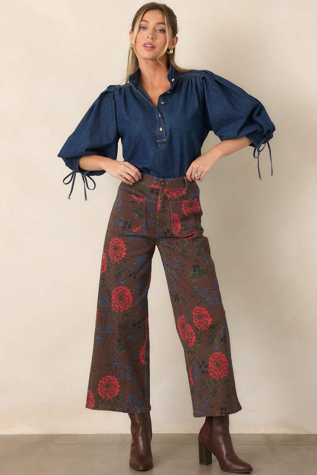 Picked for a Reason Brown Multi Floral Cotton Cropped Wide Leg Pants