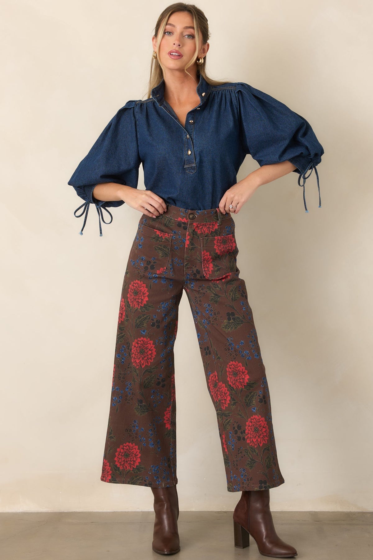 Picked for a Reason Brown Multi Floral Cotton Cropped Wide Leg Pants