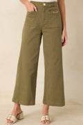 Stable Style Olive Green Horsebit Accent Wide Leg Denim Pants
