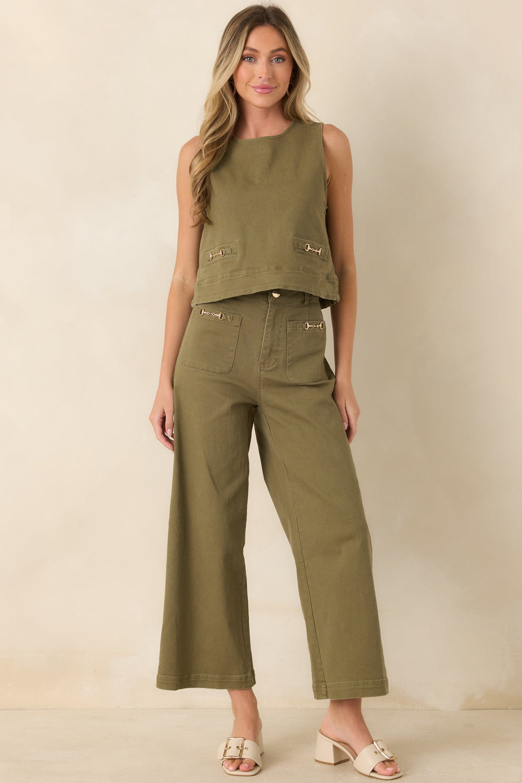 Stable Style Olive Green Horsebit Accent Wide Leg Denim Pants
