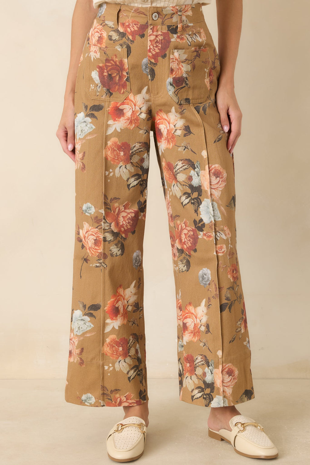 Gathering Roses Camel Floral Wide Leg Pants