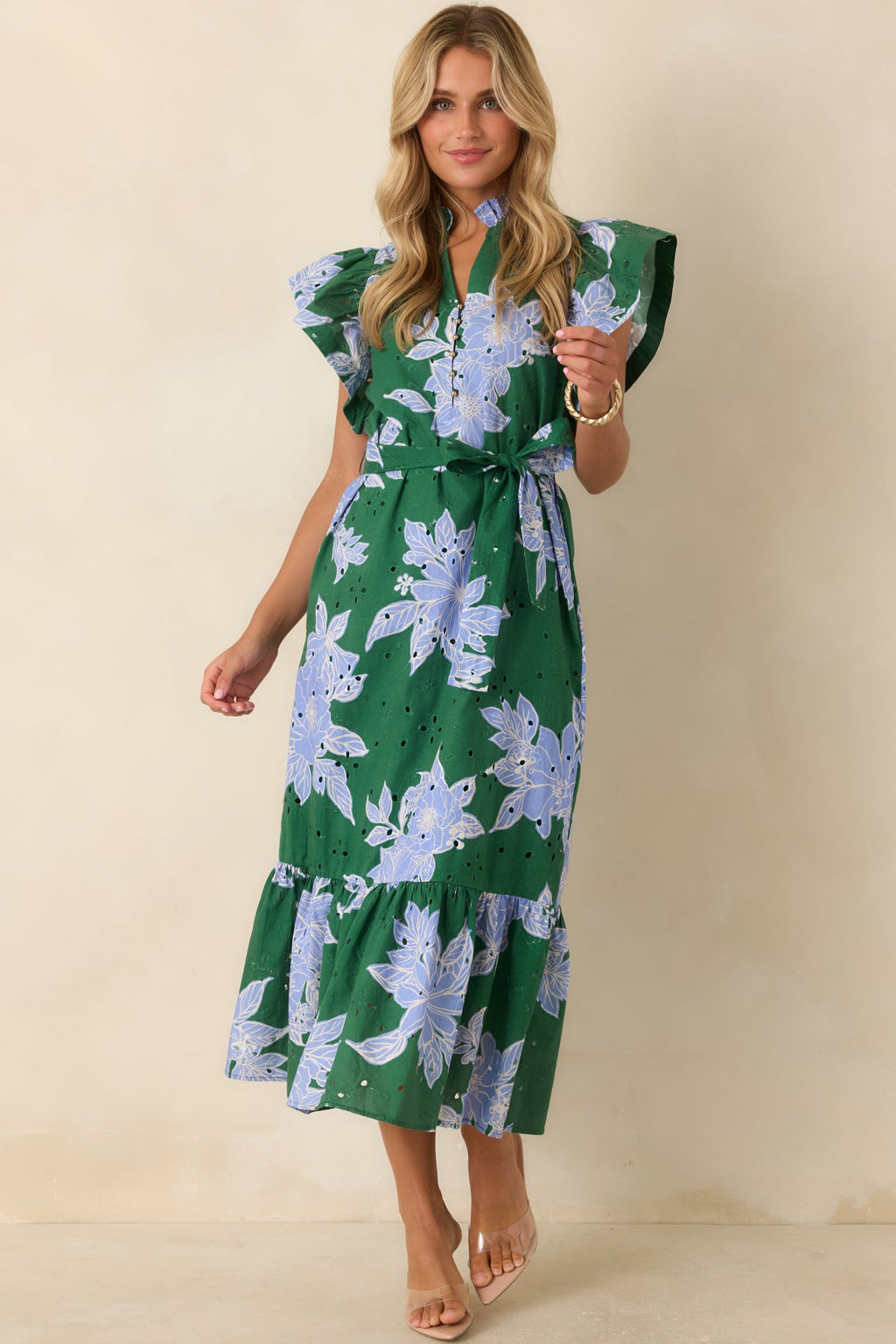 Fresh Air Affair Hunter Green & Blue Floral Cotton Eyelet Midi Dress