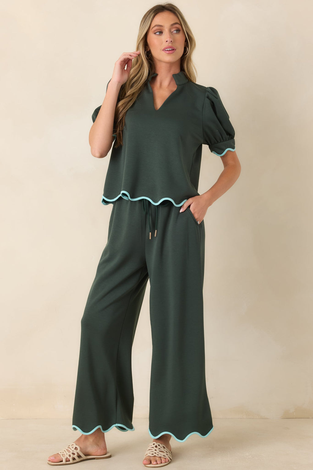 On My Time Hunter Green Scalloped Trim Wide Leg Pants