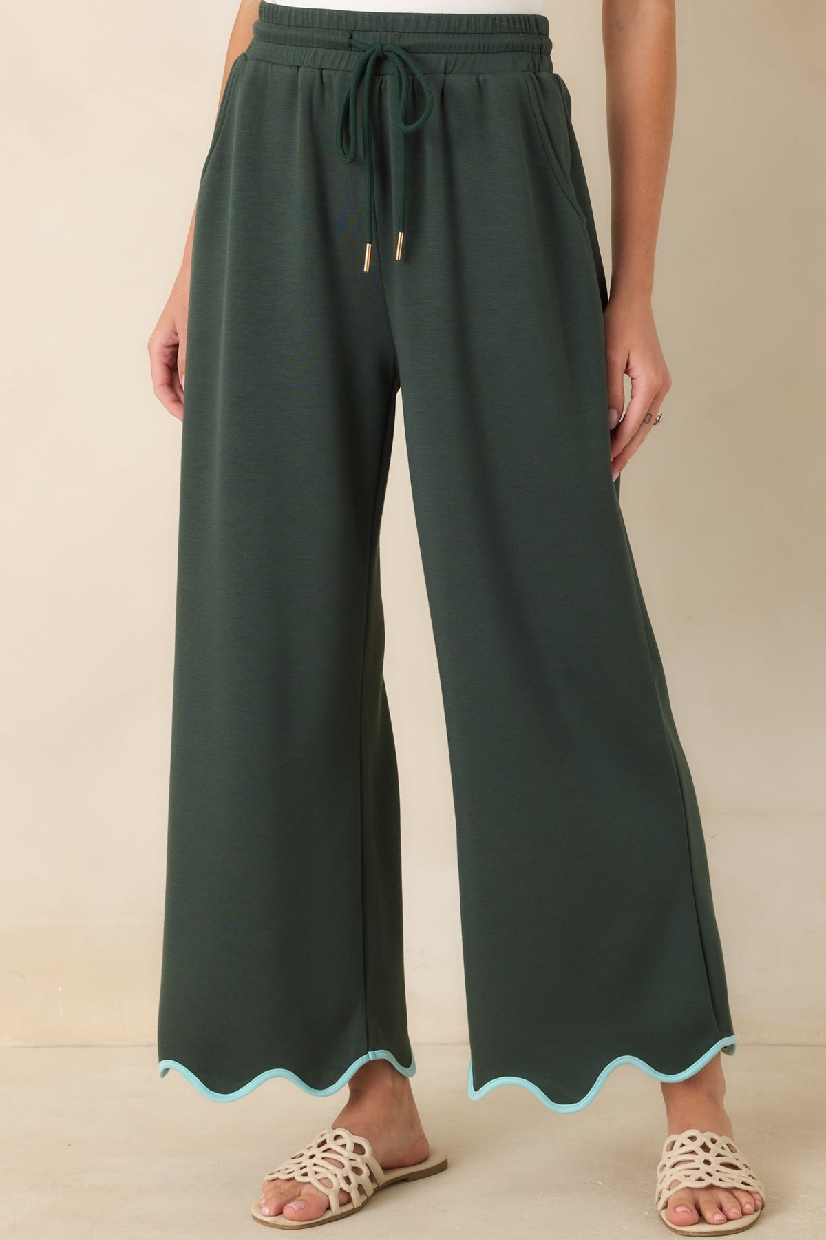 On My Time Hunter Green Scalloped Trim Wide Leg Pants
