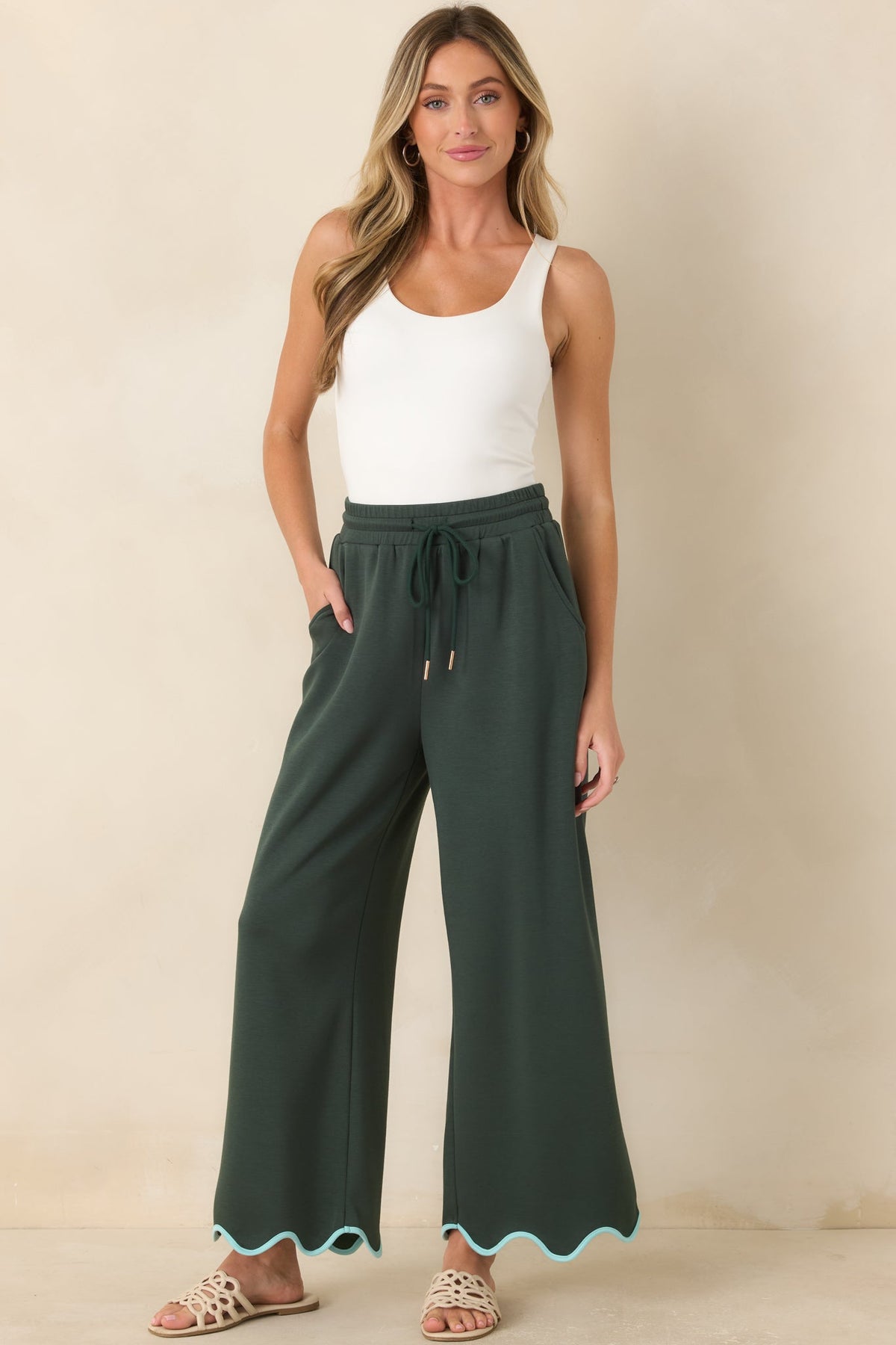 On My Time Hunter Green Scalloped Trim Wide Leg Pants