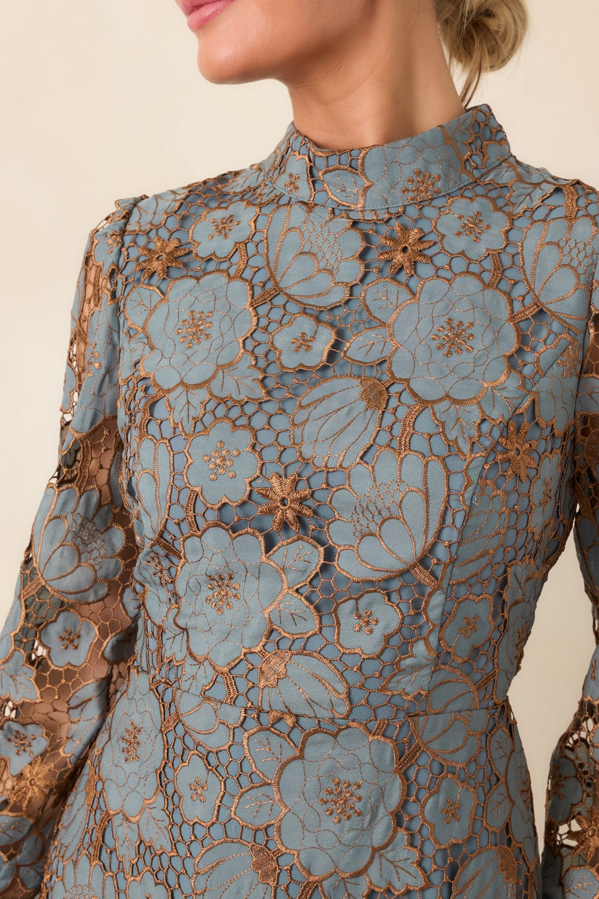 Garden Muse Dusty Blue Floral Lace Long Sleeve Mini Dress