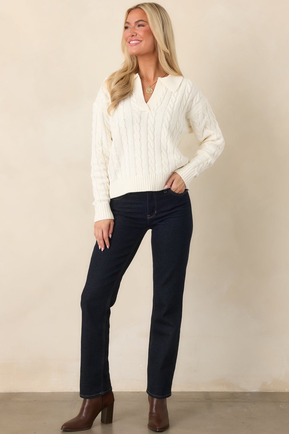 Cozy Classic Ivory Cable-Knit Collared Sweater