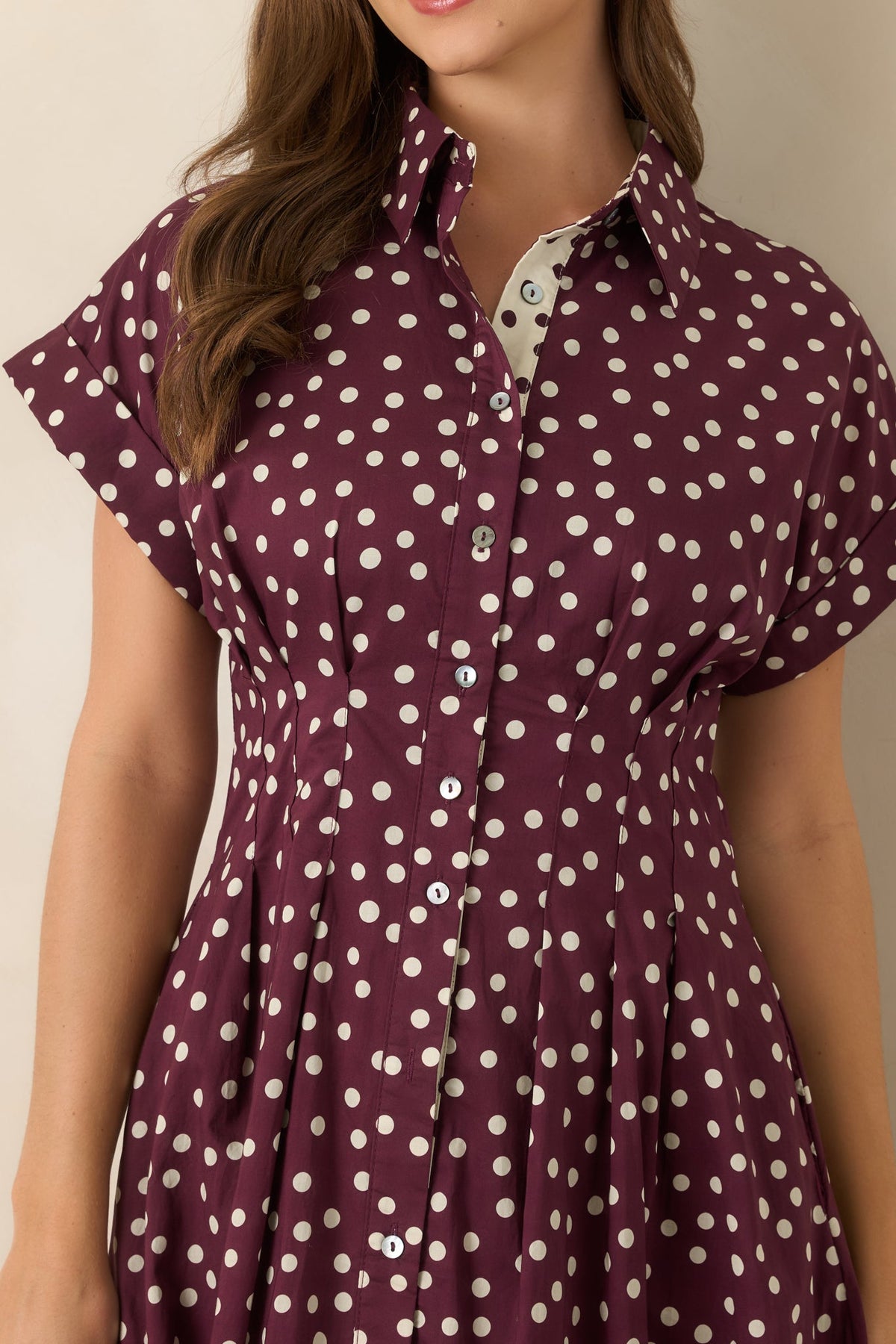 Making a Point Plum & Ivory Polka Dot Cotton Midi Shirt Dress