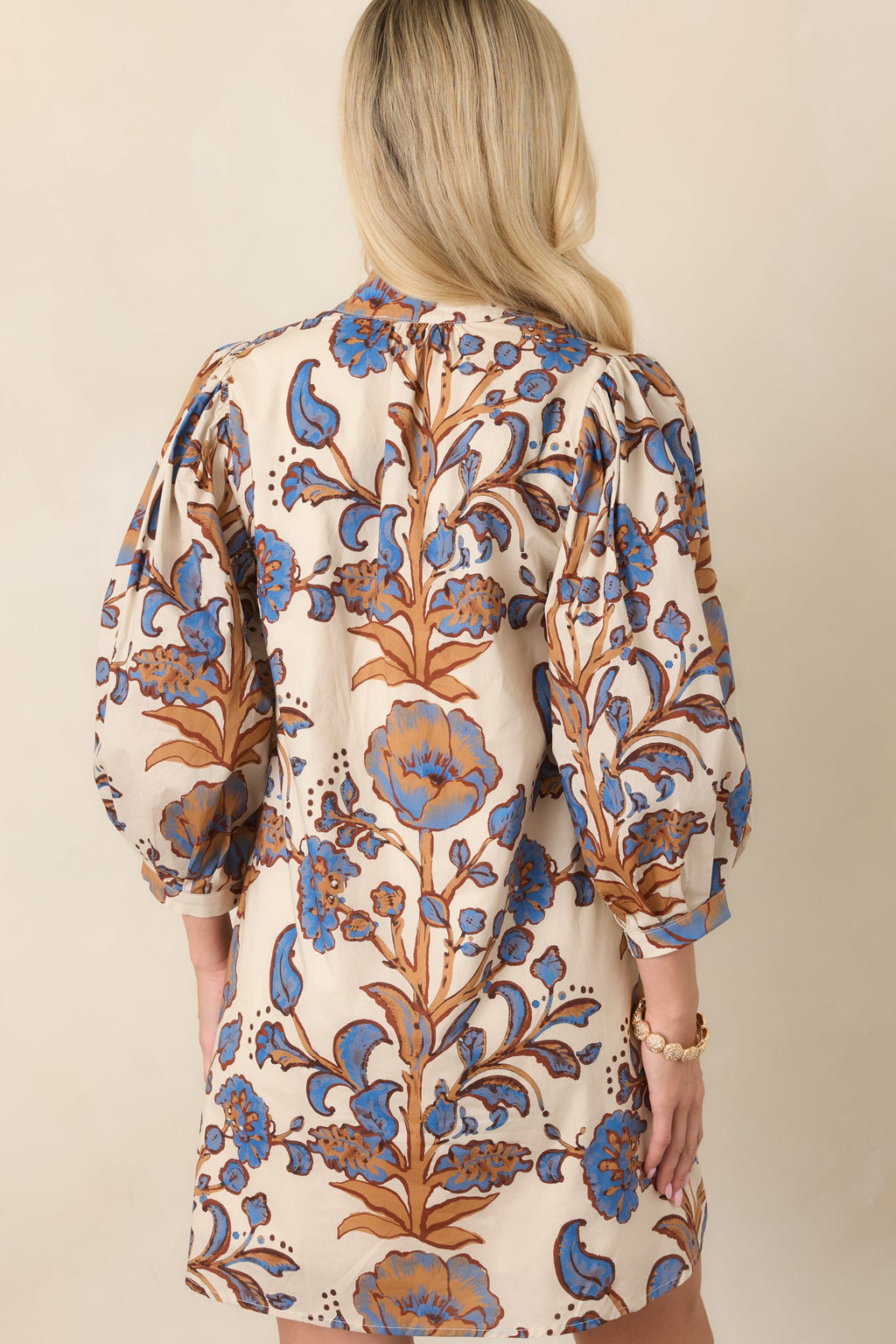 Botanical Study Ivory & Blue Floral Cotton Mini Dress