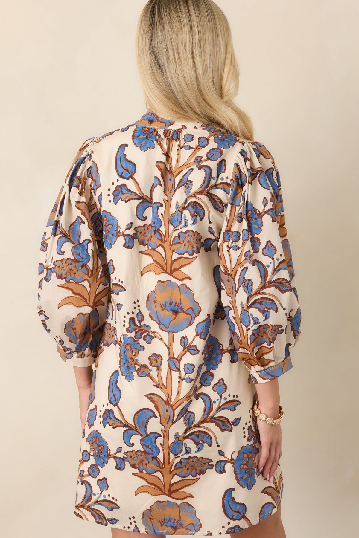 Botanical Study Ivory & Blue Floral Cotton Mini Dress