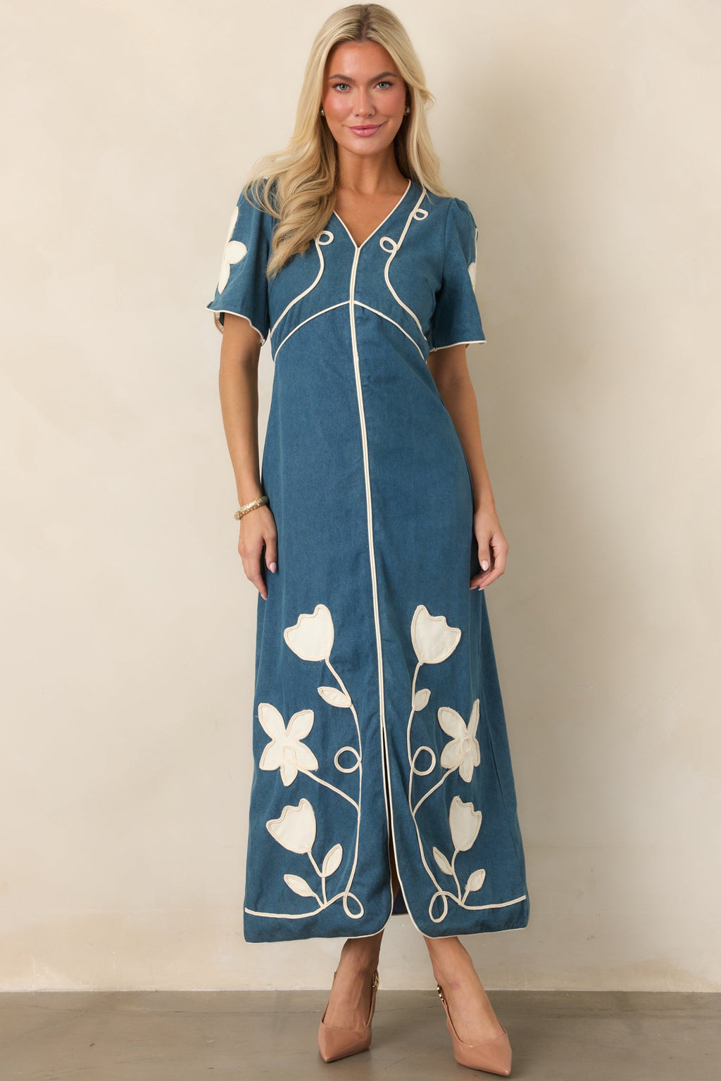 Blue Jean Baby Denim & Ivory Floral Appliqué Maxi Dress