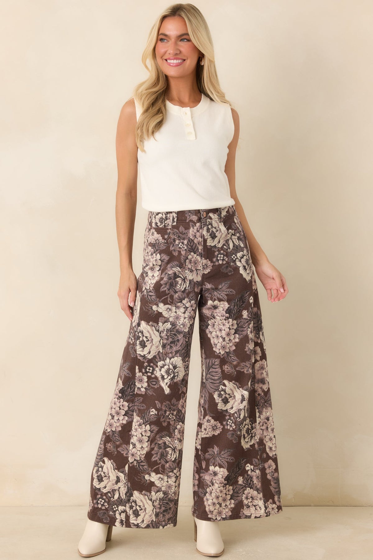 A Change of Scenery Brown & Ivory Floral Cotton Wide Leg Pants