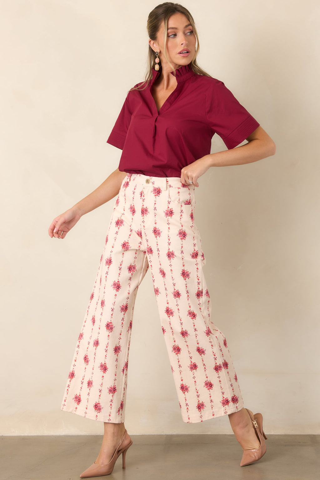 Rose Trellis Ivory Floral Cotton Wide Leg Pants