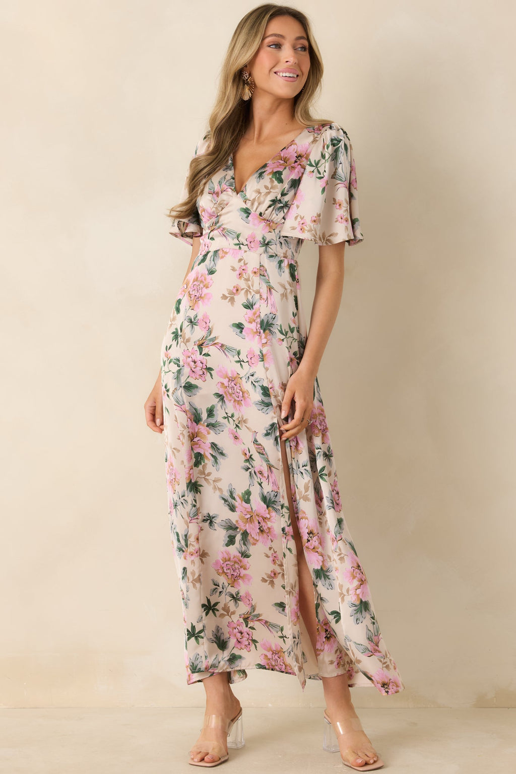 Rosewood Romance Ivory Multi Floral Flutter Sleeve Maxi Dress