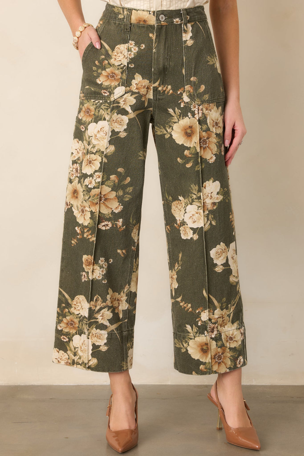 Naturally Speaking Olive & Ivory Floral Cotton Wide Leg Pants