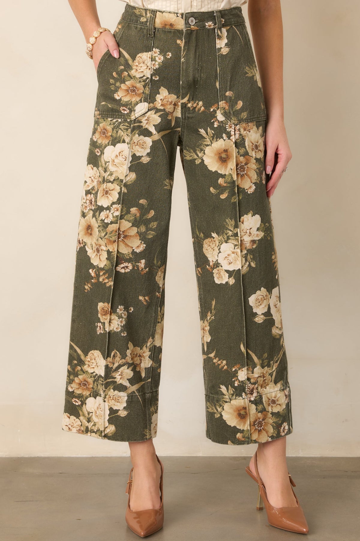 Naturally Speaking Olive & Ivory Floral Cotton Wide Leg Pants