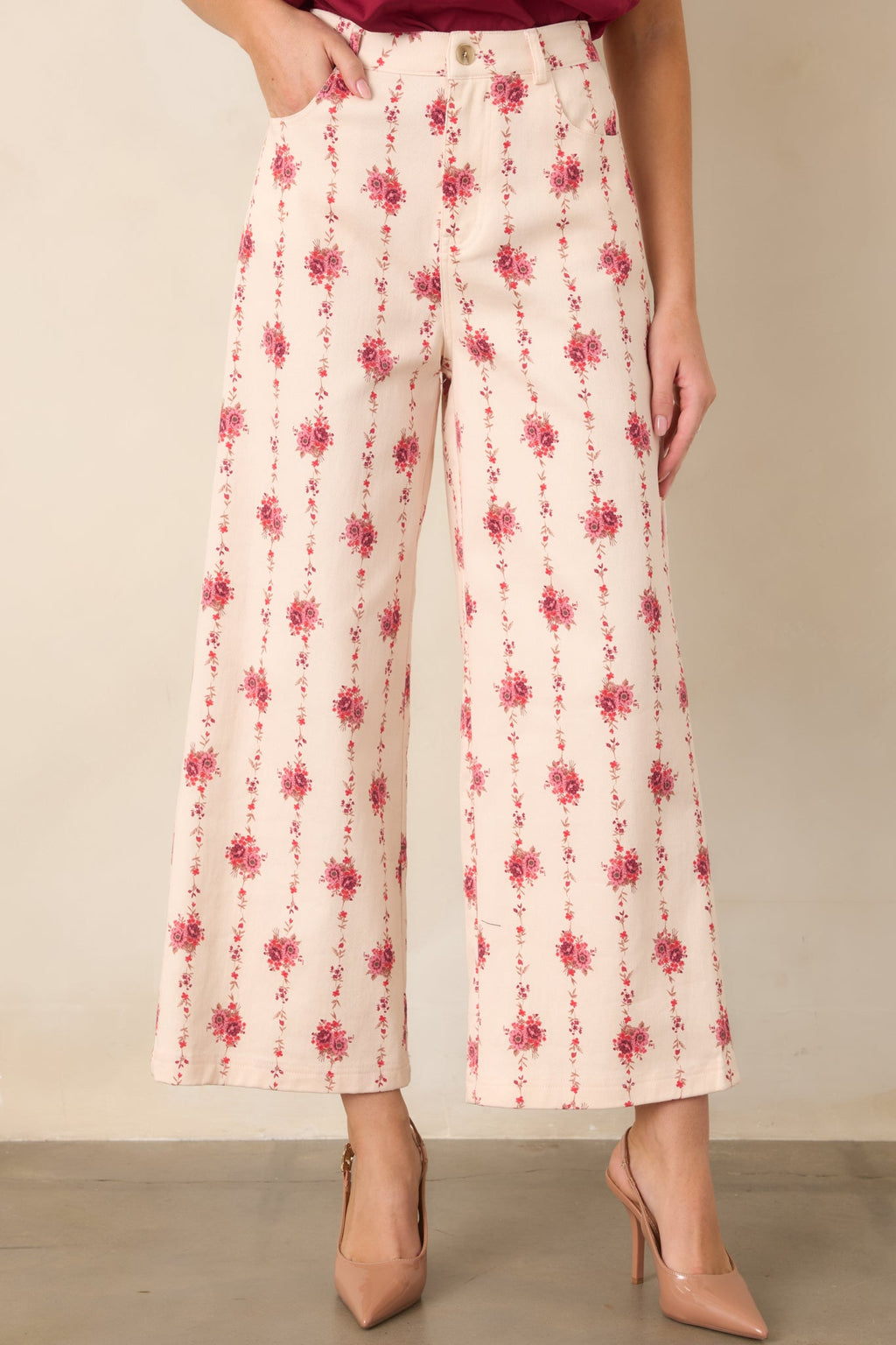 Rose Trellis Ivory Floral Cotton Wide Leg Pants