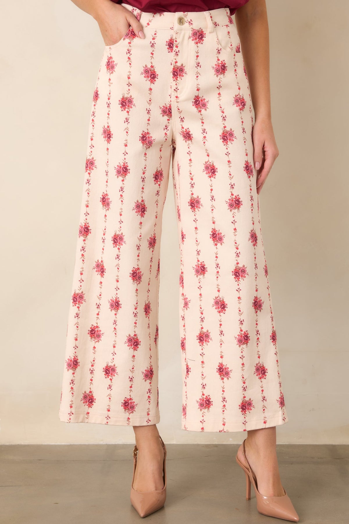 Rose Trellis Ivory Floral Cotton Wide Leg Pants