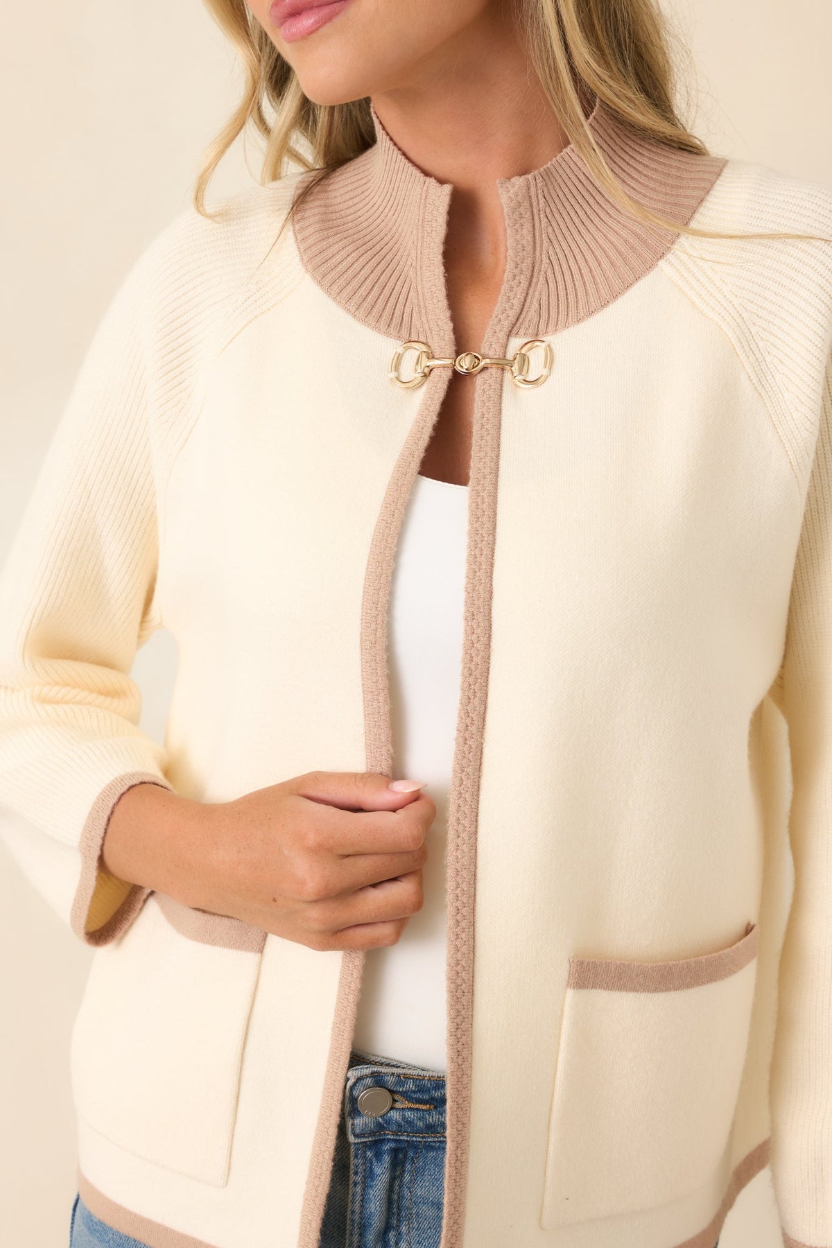 That Should Do It Ivory Contrast Trim Horsebit Cardigan