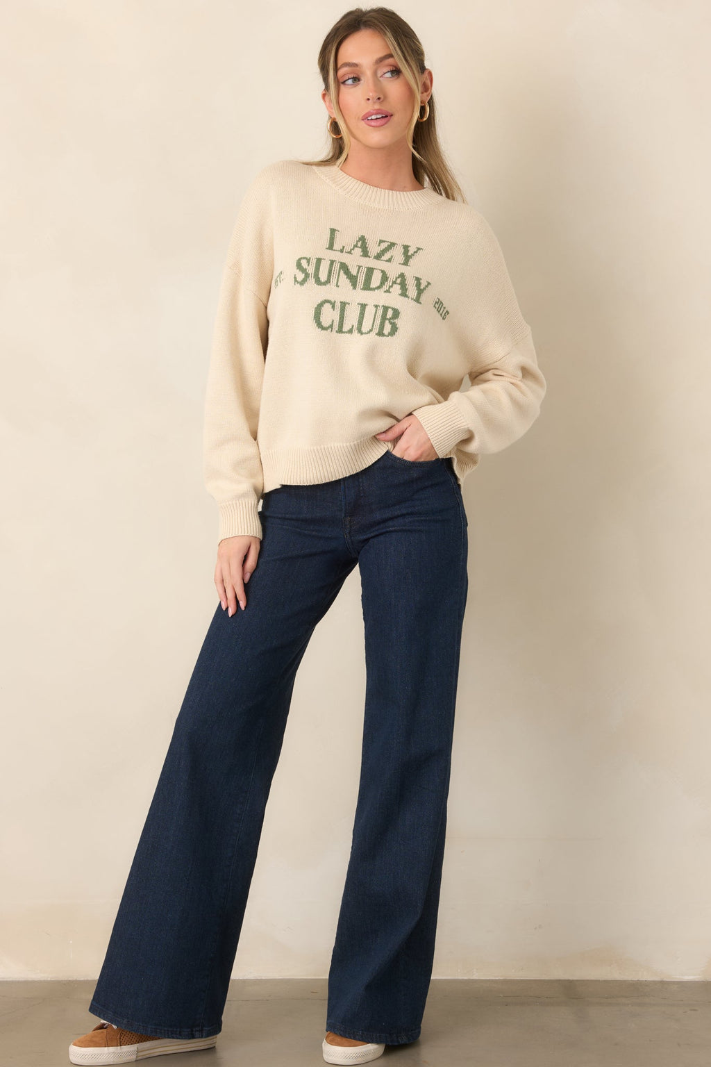 Lazy Sunday Club Ivory Graphic Knit Crewneck Sweater
