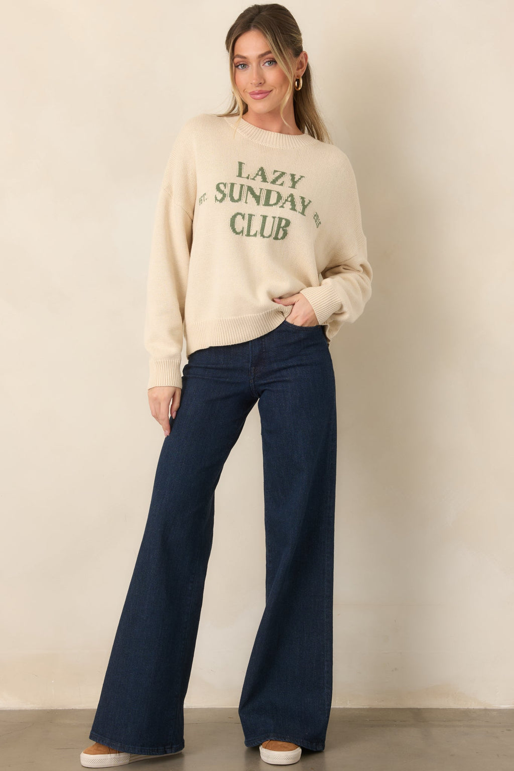 Lazy Sunday Club Ivory Graphic Knit Crewneck Sweater