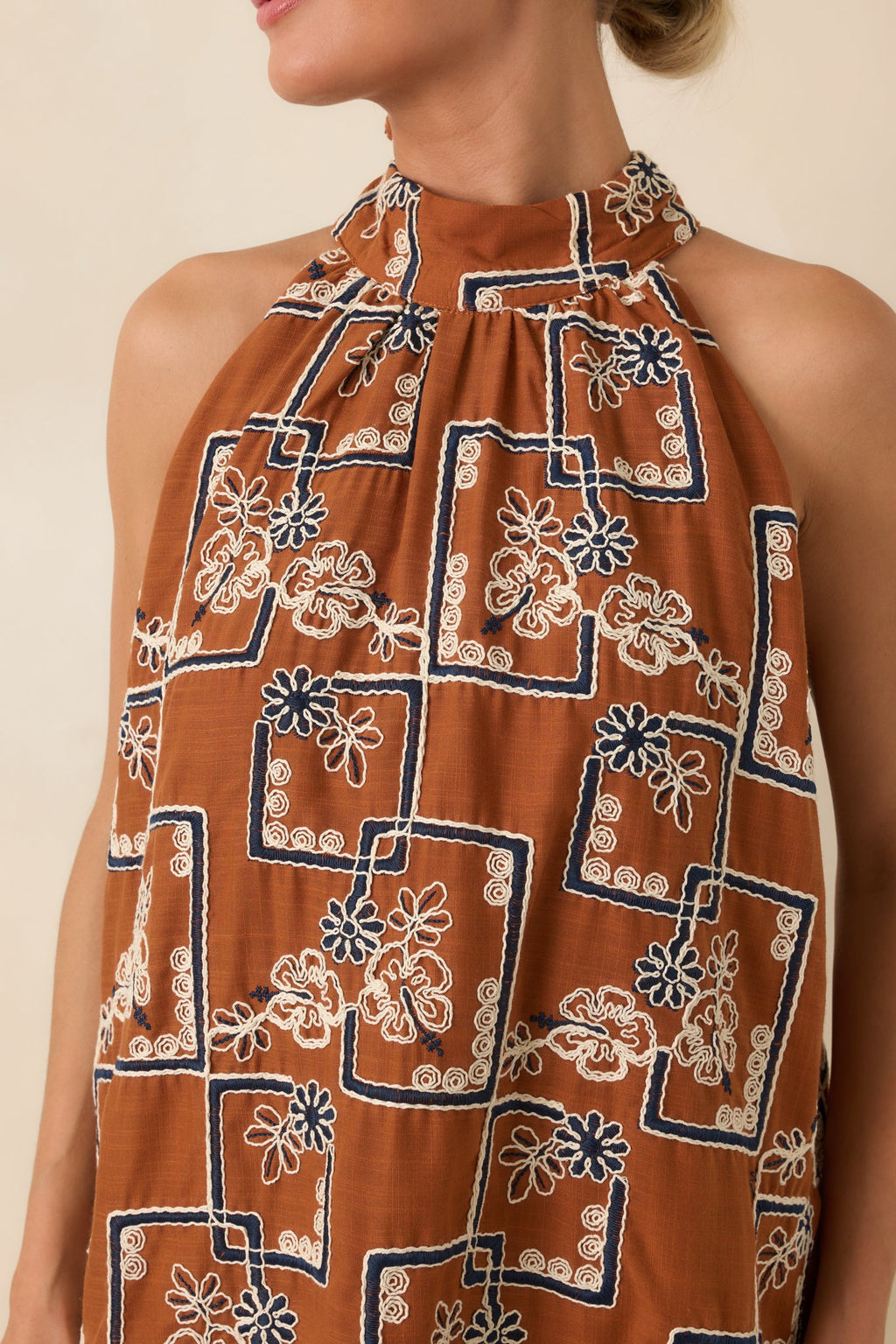 Blooming at Dusk Terracotta Embroidered Halter Mini Dress