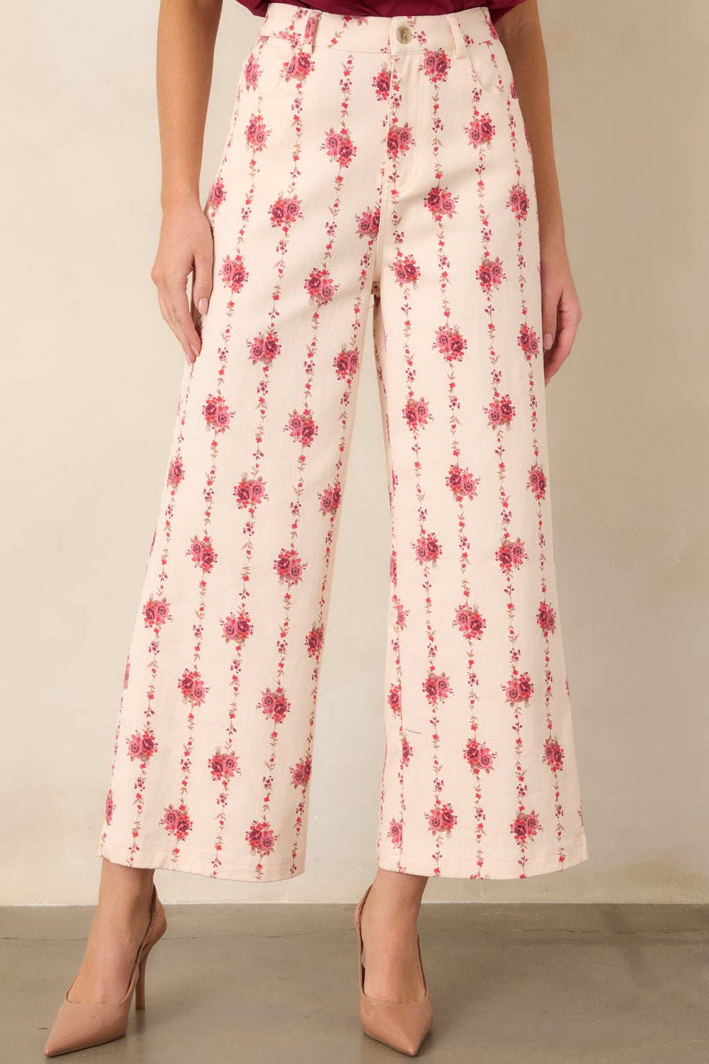 Rose Trellis Ivory Floral Cotton Wide Leg Pants
