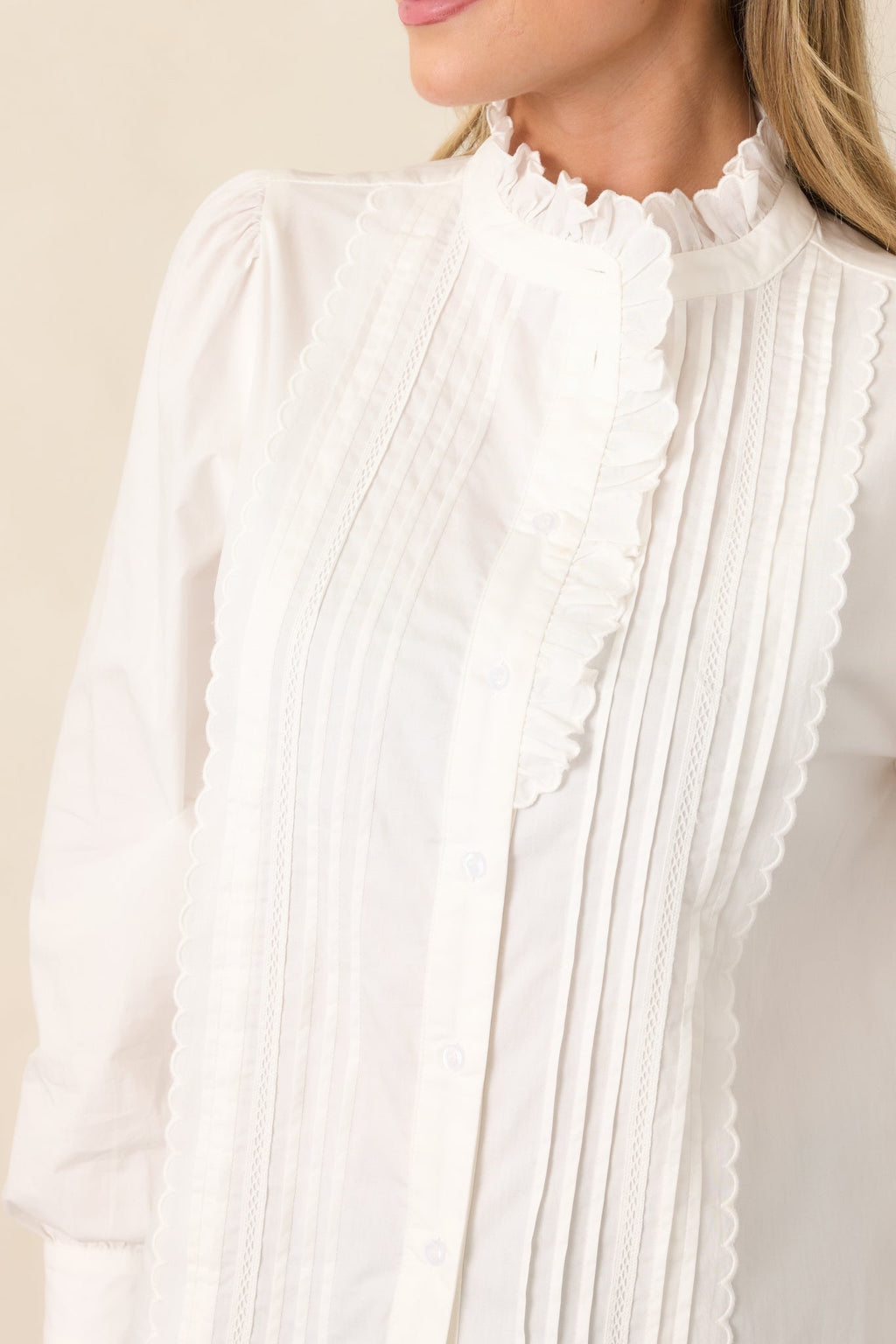 Up In The Air Ivory Ruffle Pintuck Button-Up Blouse