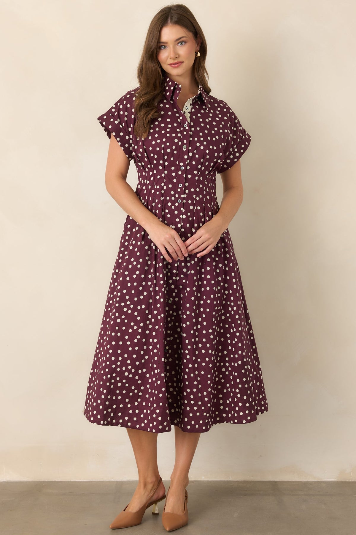 Making a Point Plum & Ivory Polka Dot Cotton Midi Shirt Dress