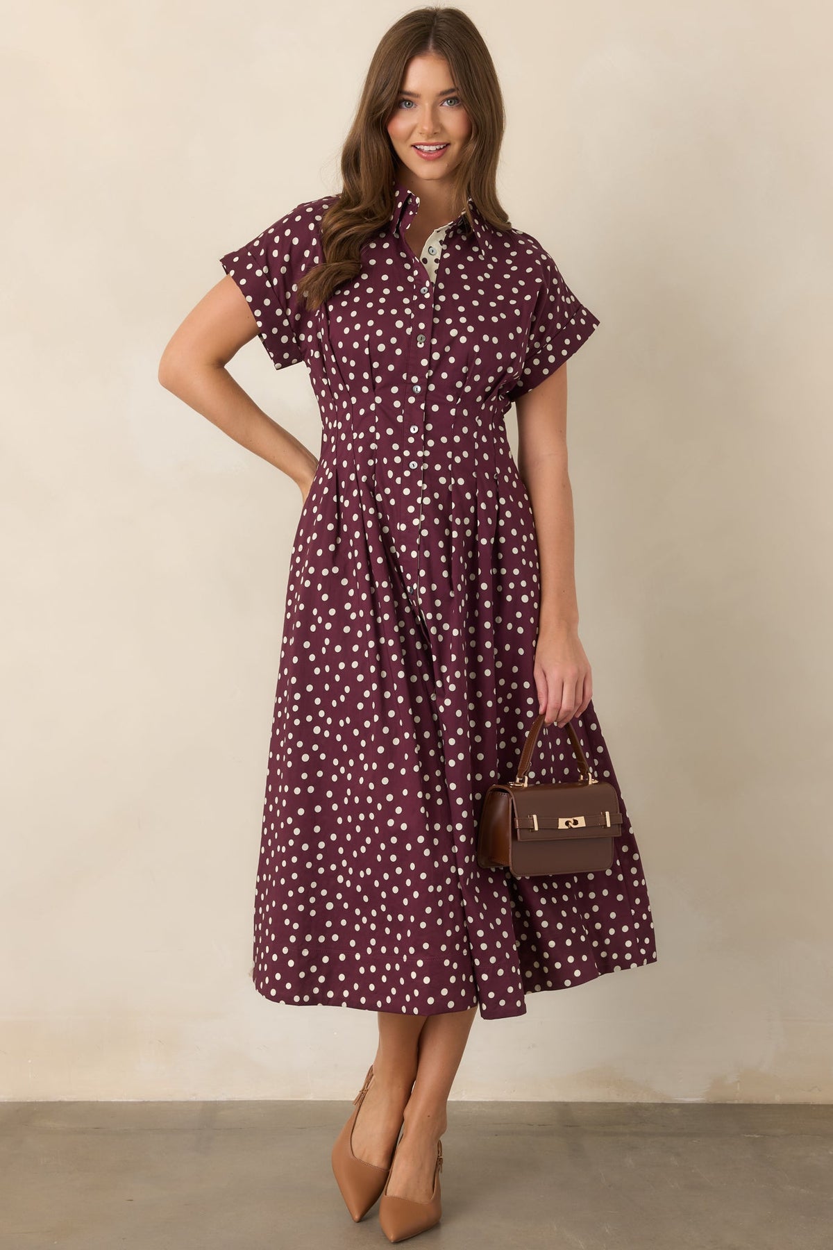 Making a Point Plum & Ivory Polka Dot Cotton Midi Shirt Dress