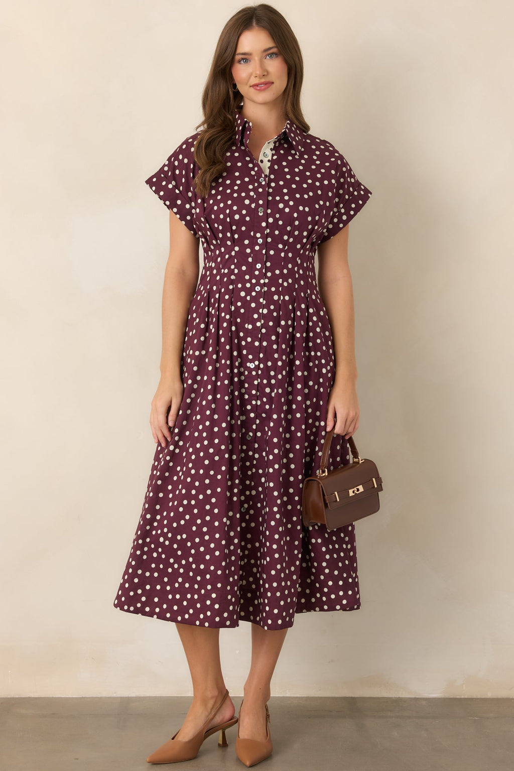 Making a Point Plum & Ivory Polka Dot Cotton Midi Shirt Dress