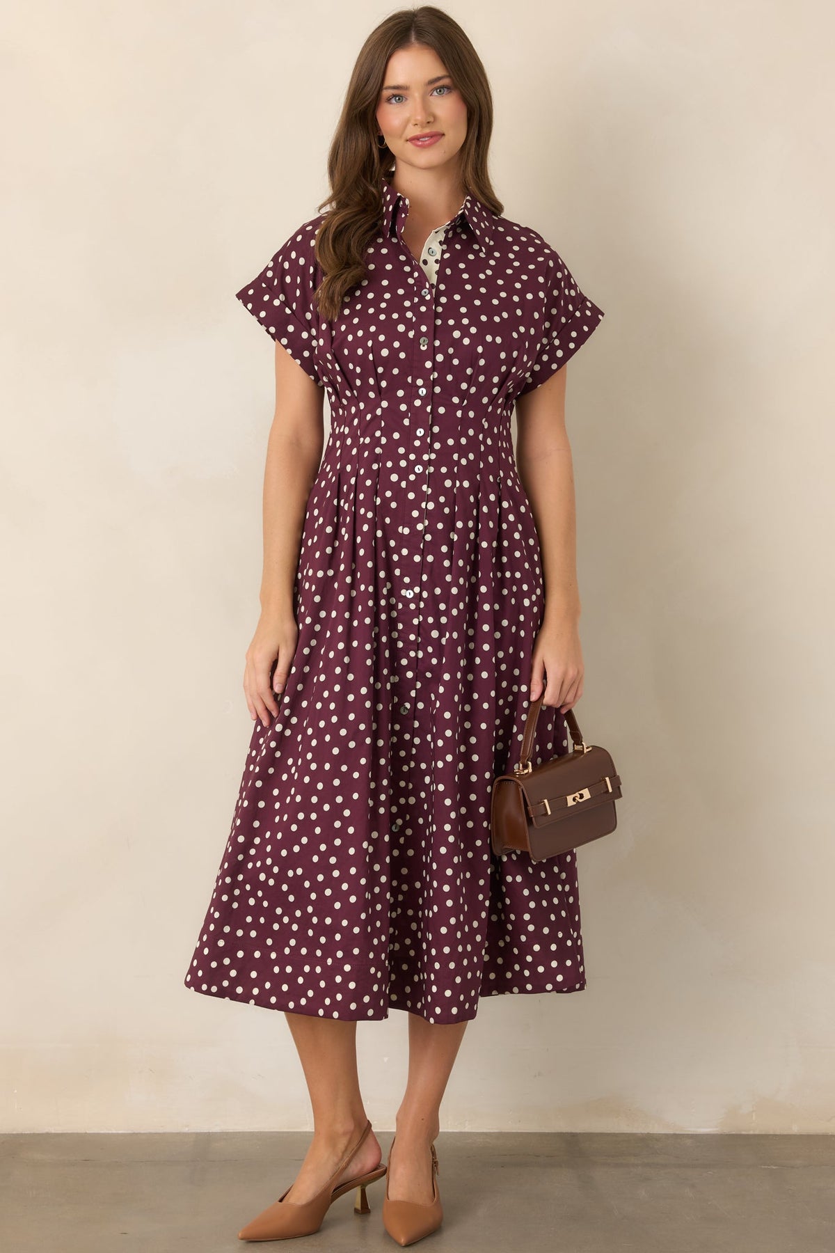 Making a Point Plum & Ivory Polka Dot Cotton Midi Shirt Dress