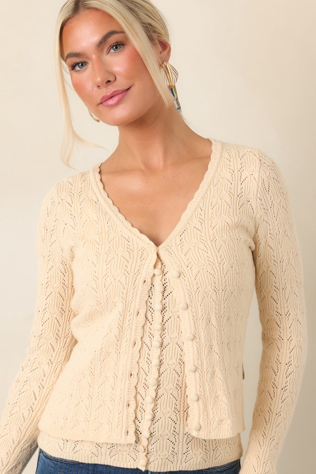 Above All Else Ivory Pointelle Knit Button Up Cardigan