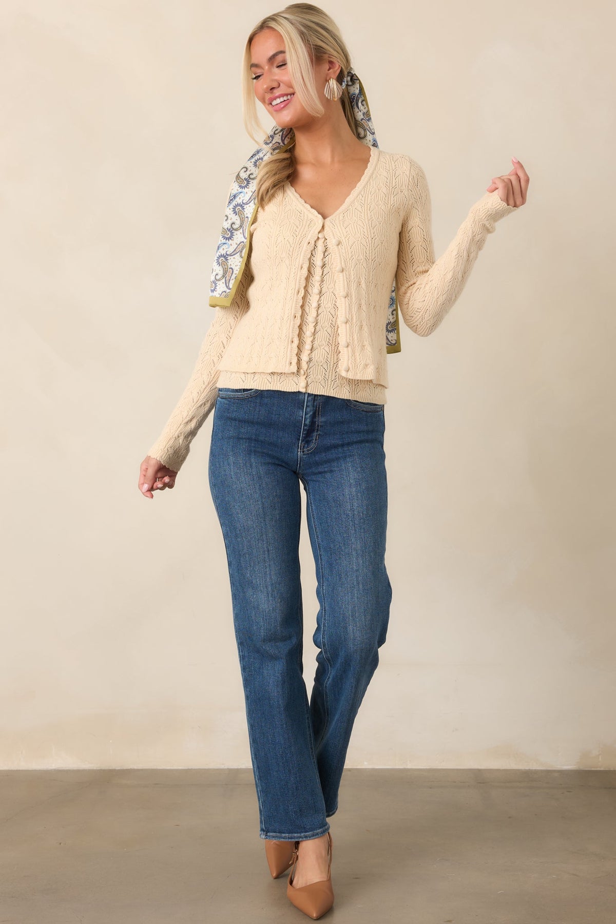 Above All Else Ivory Pointelle Knit Button Up Cardigan