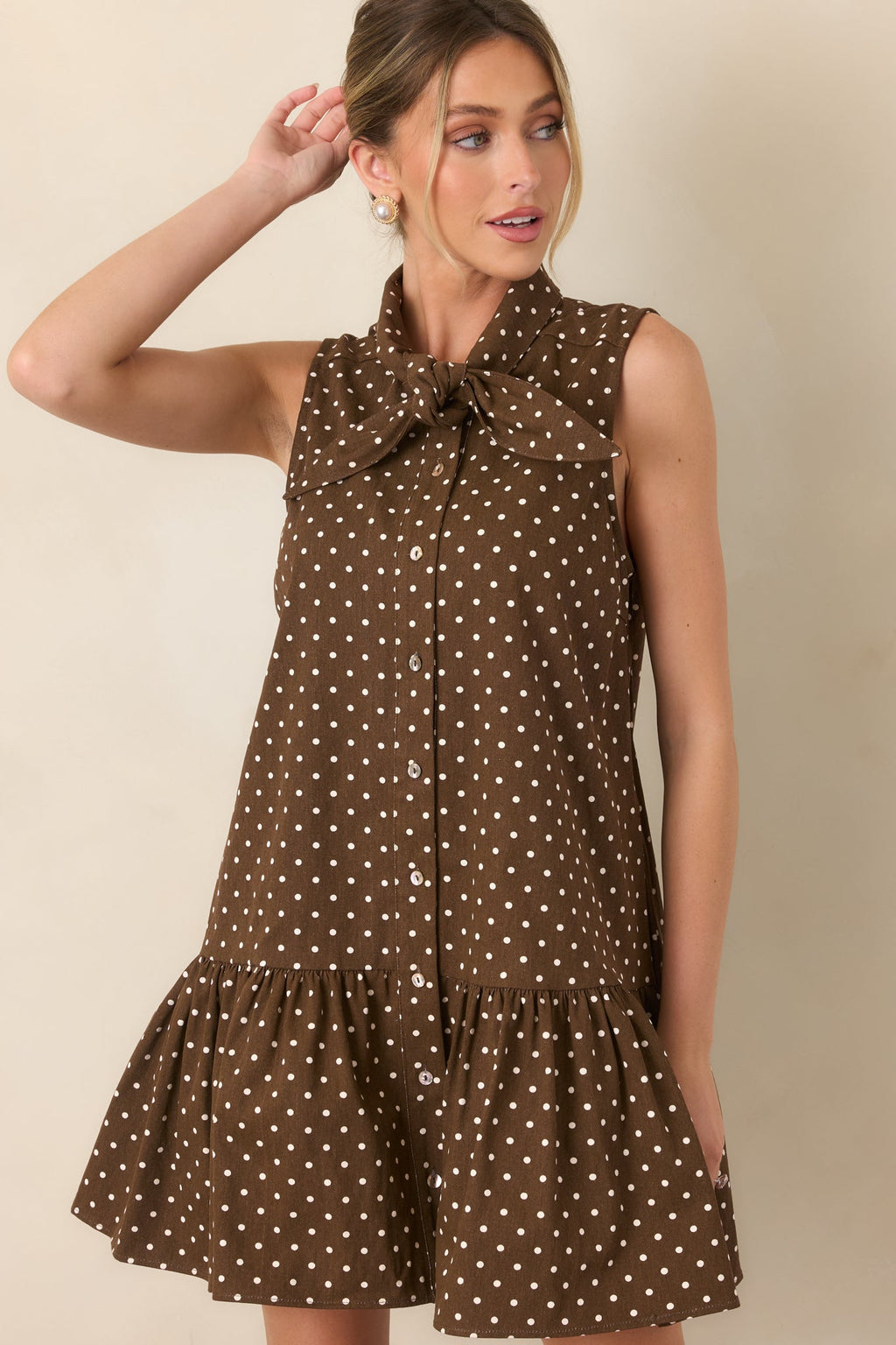 Hard to Overlook Brown Polka Dot Cotton Tie-Neck Mini Dress