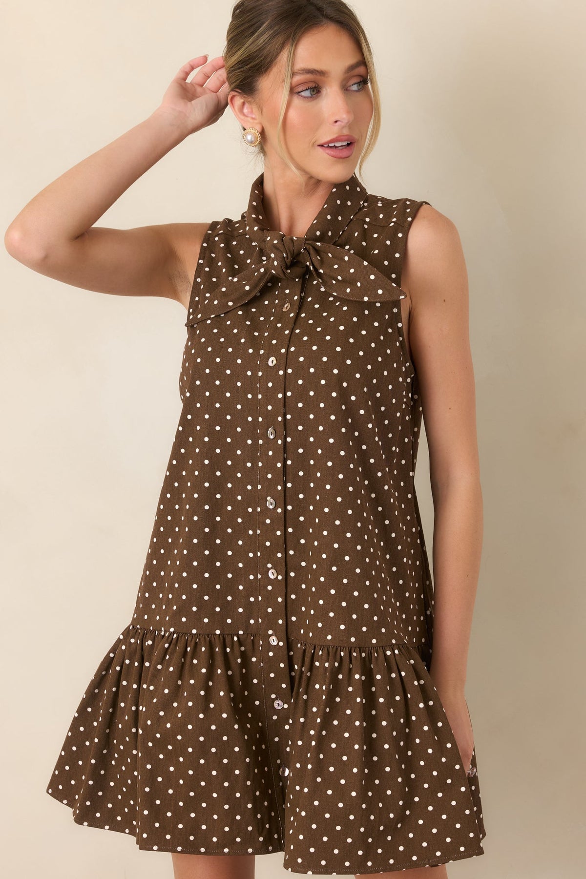 Hard to Overlook Brown Polka Dot Cotton Tie-Neck Mini Dress