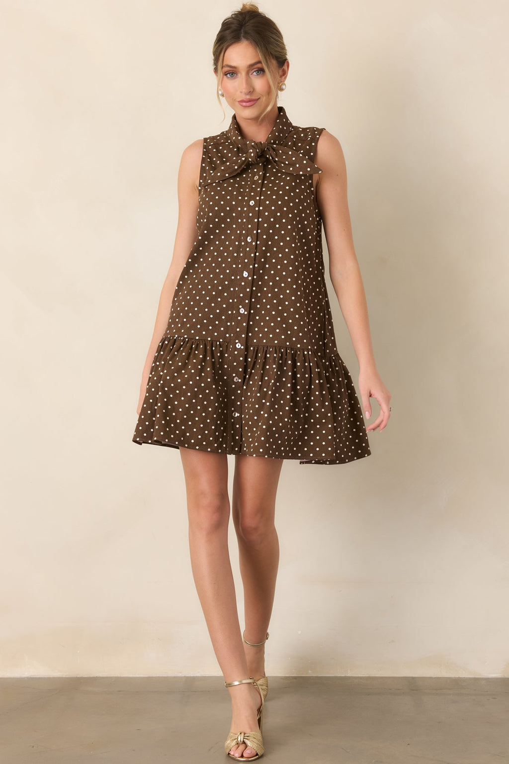 Hard to Overlook Brown Polka Dot Cotton Tie-Neck Mini Dress