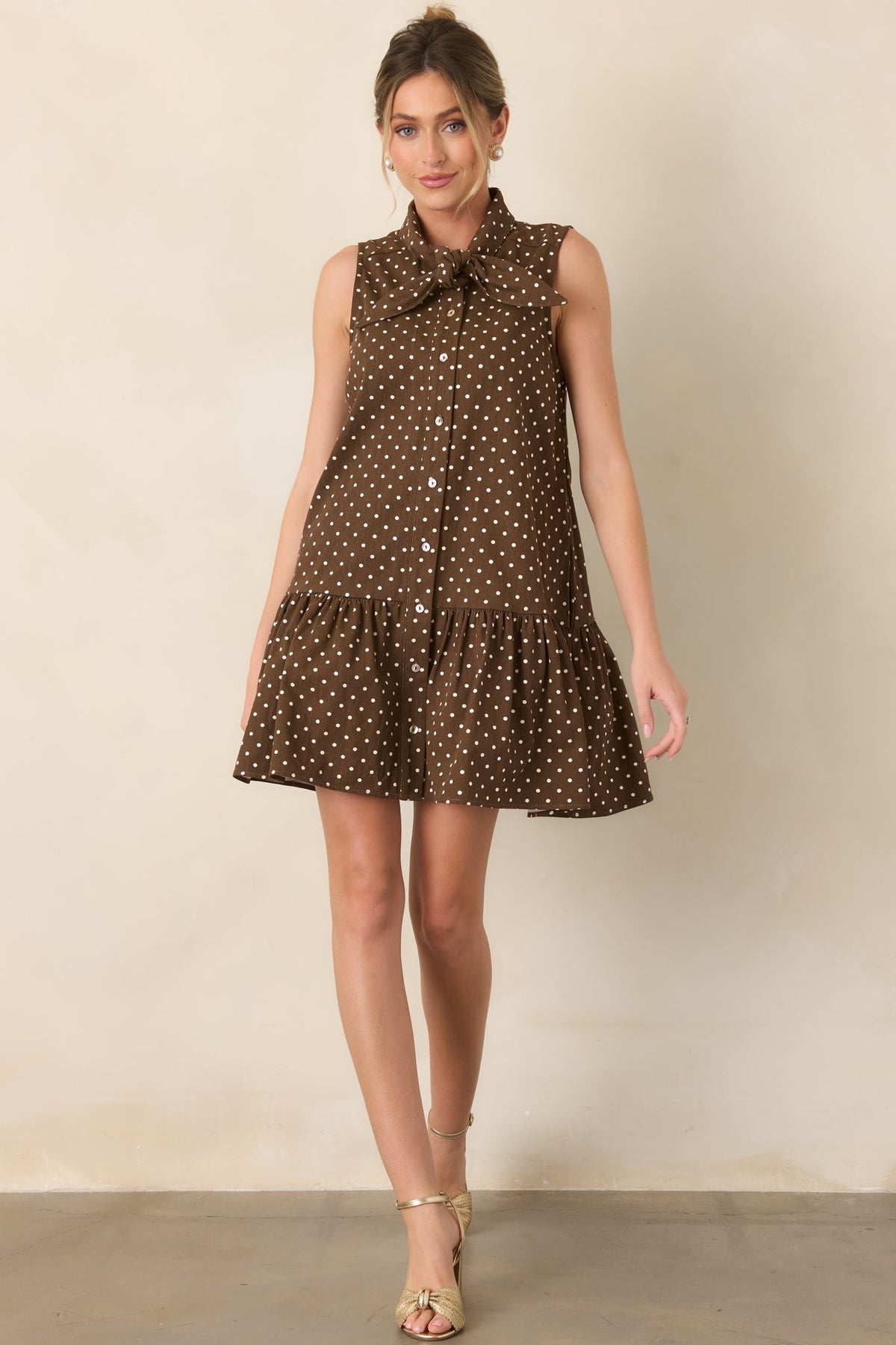 Hard to Overlook Brown Polka Dot Cotton Tie-Neck Mini Dress