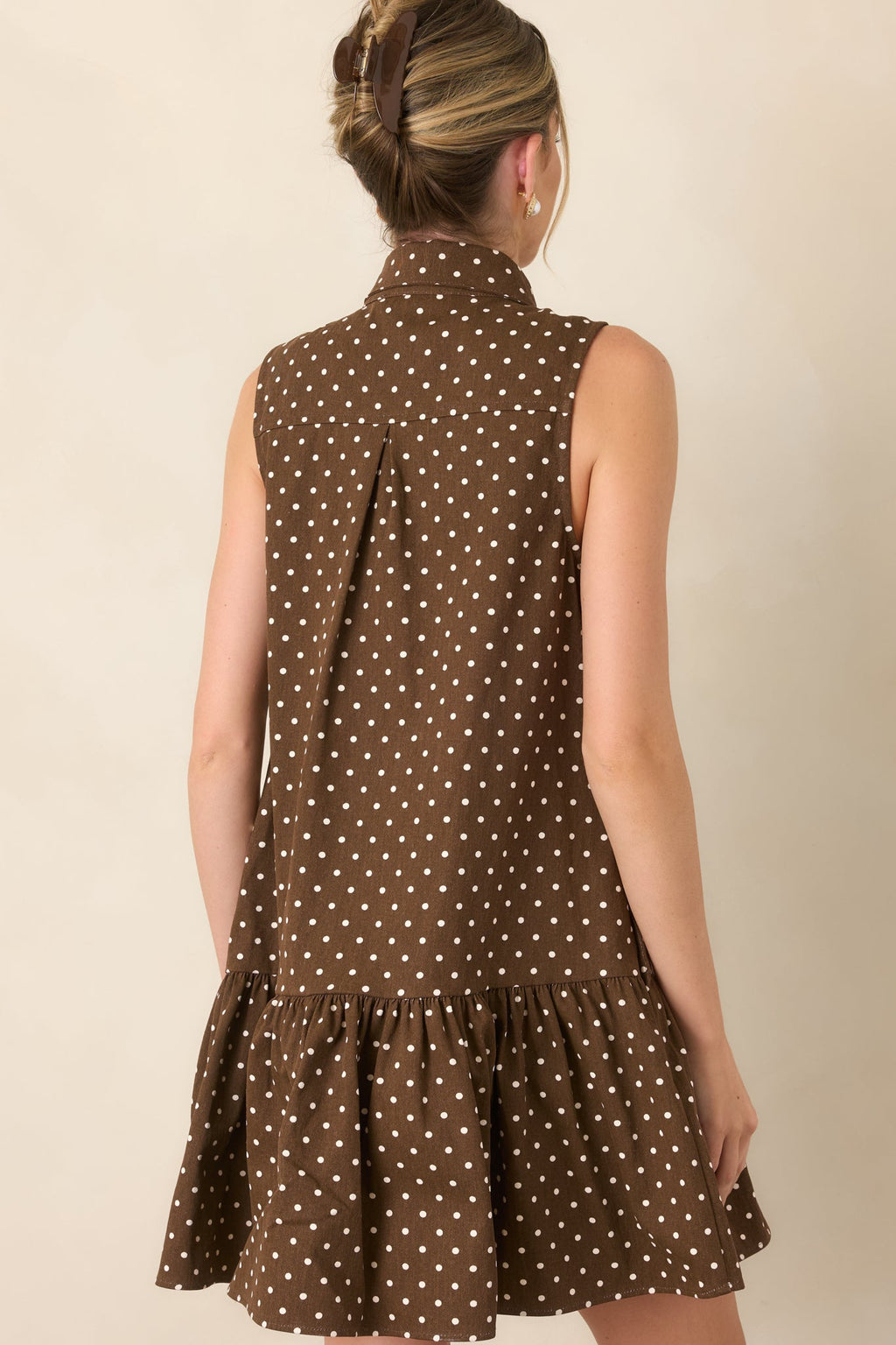 Hard to Overlook Brown Polka Dot Cotton Tie-Neck Mini Dress
